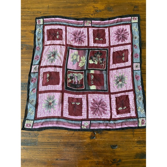 1955 Vintage Accessories - Vintage Floral Patchwork Square Scarf Burgundy Pink Botanical Print silk?